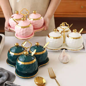 Ensemble de 3 pots à épices en céramique de style nordique, luxe, bord doré, rose, blanc, vert, avec plateau et cuillère - Product Image 2