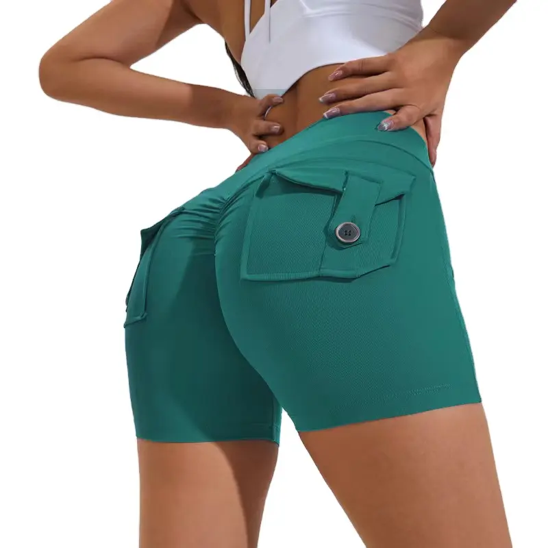 High Waist Butt Lifting Workout Quick Dry Ruched Booty Gym Athletic Running Sport Shorts With Pockets