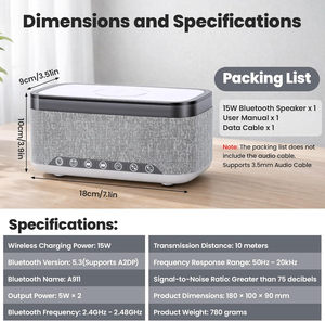 Réveil numérique BT avec haut-parleur, veilleuse à intensité variable 13 couleurs, charge sans fil 15W, bruit blanc, radio FM, USB/AUX - Product Image 4