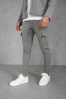 Pantalon cargo tissé décontracté à coupe étroite pour hommes, tissu en polyester extensible à motif droit, cordon de serrage brodé avec logo en métal