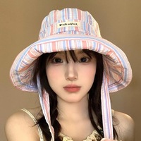 Topi Bucket Bergaris Lucu Gaya Korea Topi Pelindung Matahari Keluaran Baru Musim Panas Topi Pelindung Matahari Bertepi Lebar Kasual Serbaguna Tipis