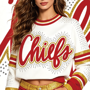 Chiefs Rhinestone Heat Transfer <strong>Large</strong> 11 Inch 3D Puff Glitter Iron on Patches for Football Game Day <strong>Hoodies</strong> - Product Image 1