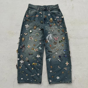 맞춤형 남성용 스트레이트 캐주얼 청바지, 라이트 워시 니트 데님, 봄용 다이아몬드 자수 - Product Image 1