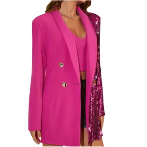 Groothandel Leverancier Van Hoge Kwaliteit Double Breasted Jacket Blazer Custom Designer Fashion Hot Pink Sparkle Pailletten Blazer Voor Vrouwen