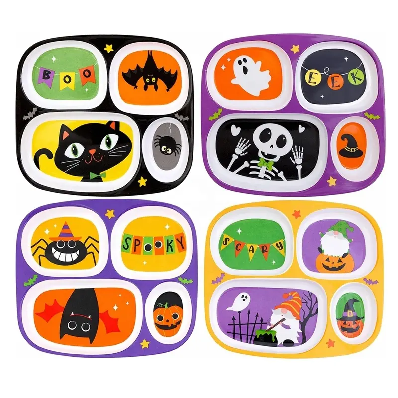 Bonito Multi Cor Halloween Party Palavras Spooky Creepy Monster Bats 4 Seções Dividido Melamina Salada Sobremesa Placas