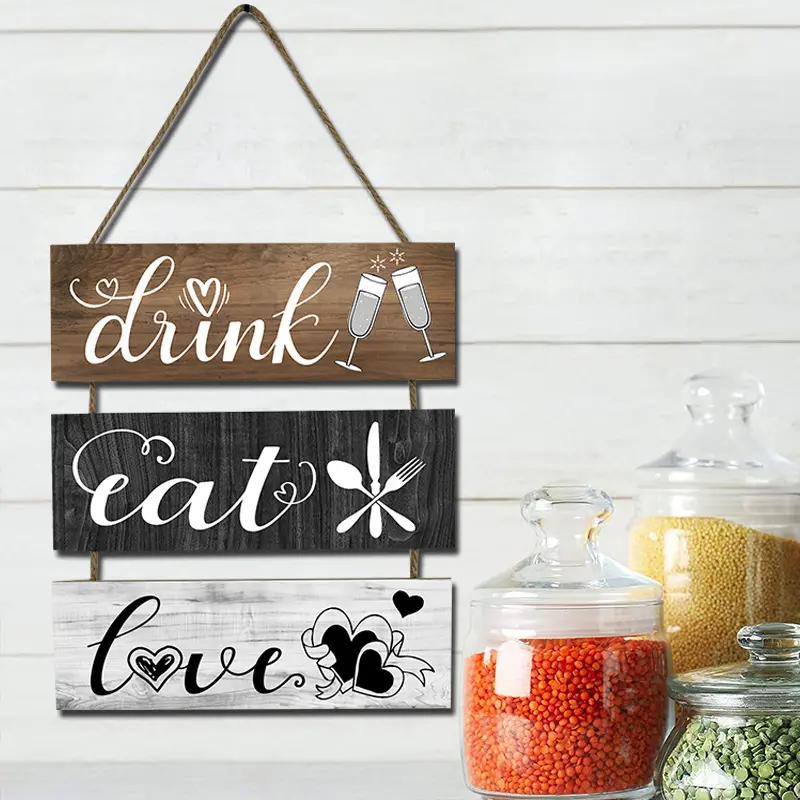 3 Plaques Wood Hanging Wall Sign Drink Eat Love Sign Decoration New Design For Kitchen