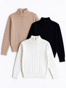 Pull blanc en maille torsadée à col montant et fermeture éclair, à manches longues, pour un usage décontracté - Product Image 3