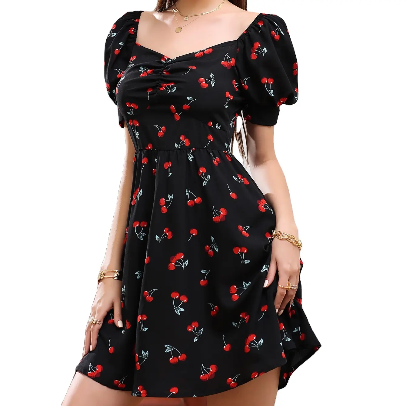 2021 Red Off Wholesale Sexy Summer Dress Shoulder Cherry Print Flower Dresses Lady Women Elegant Bodycon Casual Dress