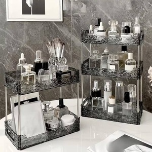 Estante acrílico de doble capa gris transparente rectangular independiente para almacenamiento en el baño para productos de cuidado de la piel y cuidado personal. - Product Image 1