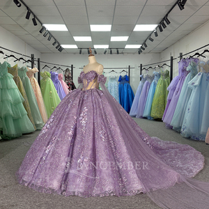 Robes de Quinceañera en dentelle brillante lavande, robe de bal, épaules dénudées, fleurs faites à la main, fête des <span class=keywords><strong>15</strong></span> ans, Dy6839 - Product Image 2