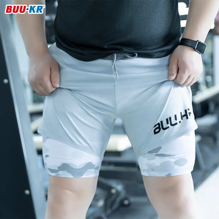 Buker Polyester Summer Running Athletic Workout Shorts Double Layer Custom Sublimated Men Gym Shorts With Pockets