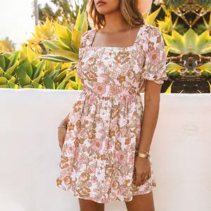 Thân Mẹo-người yêu bán buôn trắng hoa in Bow Knot backless Vuông Cổ Mini Dress