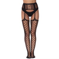 Ensemble de bas noirs pour femmes avec ceinture, collants résille hauts, lingerie érotique, bas sexy à imprimé floral, bas longs en dentelle résille