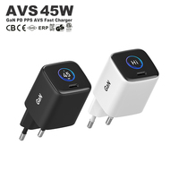 Chargeur rapide AVS GaN 45W avec écran intelligent, adaptateur de chargeur mural USB C type C, chargeur KC PD 45W pour iPhone Samsung Laptop OEM