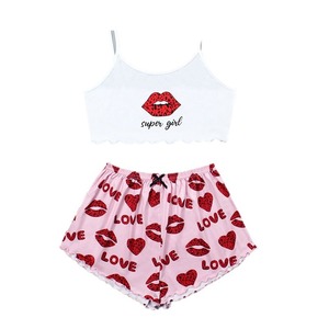 Venta al por mayor transfronteriza de conjuntos de ropa de dormir cómodos y delgados para mujer con diferentes estampados y camisetas con estampado de labios. - Product Image 3