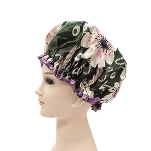 Custom Print PEVA Polyester Women Spa Bath Hat Elastic Hair Cover Bonnet Headgear Double Layer Waterproof Shower Cap