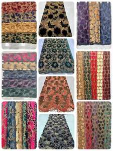 Tissu en dentelle floquée <span class=keywords><strong>noir</strong></span> et or, dentelle en velours brodée florale 3D avec fil doré, matériau de luxe pour robes de mariée et de soirée - Product Image 4