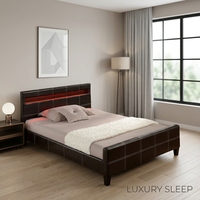 Luxuriöses Doppelbett mit Polsterung, Minimalistisches Schlafzimmerbett, Maßgefertigtes PU-Lederbett mit LED-Beleuchtung und Matratzenaufbewahrung