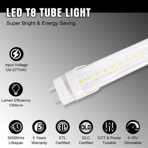 Tube LED T8 en stock aux États-Unis, 2ft, 4ft, 8ft, 48W, 60W, éclairage commercial et de bureau, rénovation, certifié ETL DLC - Product Image 1