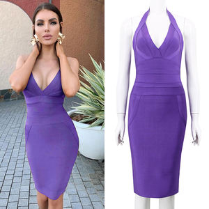 2026新款时尚女式绑带连衣裙性感深V领挂脖露背高弹力纯色中长连衣裙定制 - Product Image 6