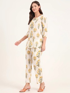Wholesale Price 3/4 Sleeve Floral Cotton Pajama Set Hand Block Print Sleepwear Women's Nightwear Solid Colour Available - Product Image 3