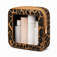 Pochette cosmétique transparente en PVC avec logo personnalisé et bordure léopard, étui de rangement élégant et étanche avec fermeture éclair pour voyage, maquillage et articles de toilette