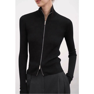 Suéter Negro de Punto Acanalado con Cierre para Mujer, Manga Larga, Cuello Alto, Diseño Minimalista, Poliéster y Algodón, para Otoño - Product Image 1
