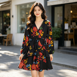 Nuovo Arrivo 2026: Abito Mini da Donna Rosso con Stampa Floreale, Scollo a V, Maniche a Sbuffo, Vita Alta e Cintura - Disponibile all'Ingrosso - Product Image 2
