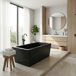 Baignoire ovale moderne de luxe sur mesure en marbre noir Marquina exclusif, autoportante, pour appartement - Product Image 6