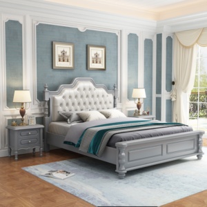 Luxury Dark Blue Tufted Modern Soft <b>Bed</b> Full Size Leather Upholstery Oak Wood <b>Frame</b> for Bedroom Furniture - Product Image 3