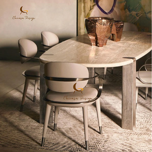 Luxury Beige Large Oval Matte <b>Brown</b> Stainless Steel Legs <b>Dining</b> <b>Chair</b> Set for Villa Home Mansion Furniture - Product Image 1