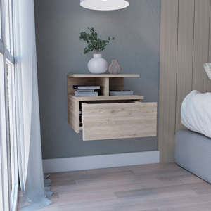 Mesita de Noche Flotante 12H, Montada en la Pared, con un Cajón y Estante de 2 Niveles, Color Gris Claro - Product Image 2
