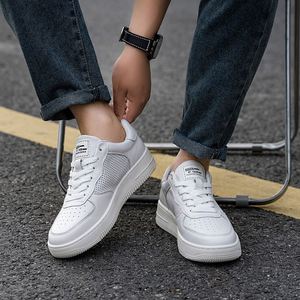 Baskets en cuir pleine fleur blanc perforé à bout rond, à lacets, avec semelle extérieure en caoutchouc strié, respirantes, pour la marche quotidienne décontractée - Product Image 6