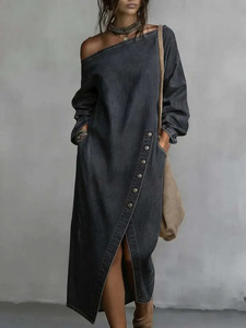 <span class=keywords><strong>Vestido</strong></span> <span class=keywords><strong>Vaquero</strong></span> de Manga Larga con Hombro Diagonal Asimétrico y Botones, Estilo Holgado, Colección Primavera-Otoño 2026 - Product Image 6