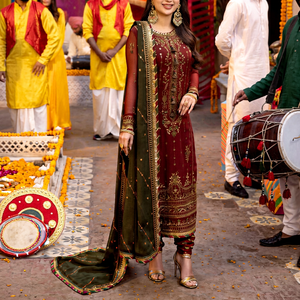 Vestido maxi kurta recto bordado color granate para mujer con dupatta verde oliva y pantalones, estilo indio pakistaní shalwar kameez - Product Image 1