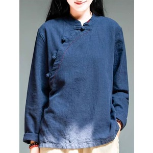 Cotton Linen Top With Frog Buttons Diagonal Placket Stand Collar Long Sleeves Zen Inspired Shirt For Women - Product Image 2