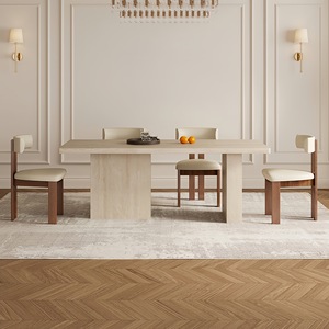 Tavolo da Pranzo Moderno Minimalista in Travertino Francese e Pietra Sinterizzata, Tavolo Rettangolare Stile Mid-Century per Piccoli Appartamenti - Product Image 2