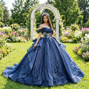 Robe de Quinceañera Jancember, modèle Dy5799, bleu marine, en dentelle mexicaine et perles, style princesse, pour 15 ans, Sweet 16, robe de bal - Product Image 1