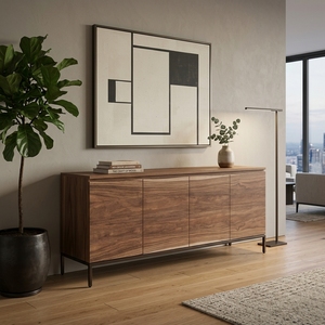 Buffet en bois massif sans poignées, finition naturelle en teck, suar, acajou, avec pieds en métal, pour salon - Product Image 3