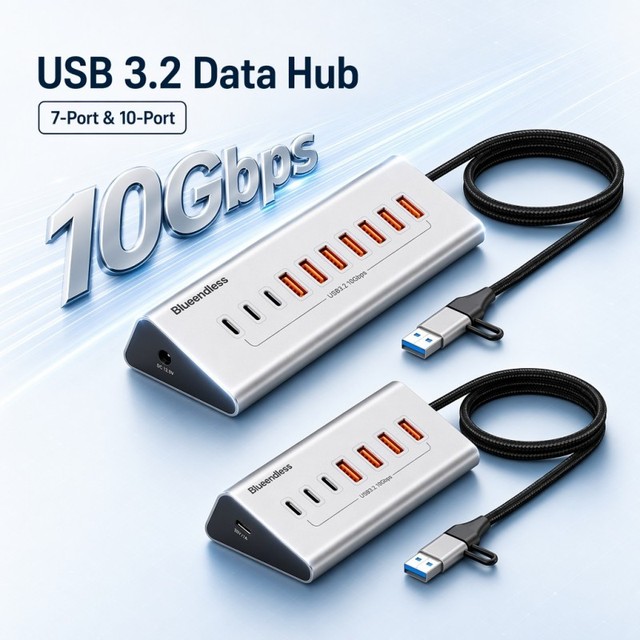 Aluminium 10Gbps USB-A 10Gbps USB-C Hub 7-Ports 10-Ports Data Sync USB3.2 USB 3.2 Type C Hub Splitter 12V/3A Power Adapter