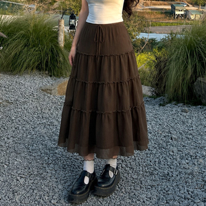 2026 Women's Brown Tiered Maxi <b>Skirt</b> High Waist Drawstring Chiffon A-Line Boho Casual <b>Long</b> <b>Skirt</b> for <b>Summer</b> - Product Image 3