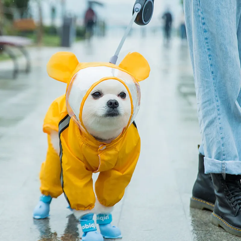 Casaco de chuva para cachorros, jaqueta impermeável de verão, casaco com capuz para cães e gatos, vestuário à prova d'água S-XL