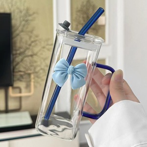 Copo de Água de Vidro Quadrado com Alça, Fundo Plano e Canudo, de Alta Qualidade, para Água Fervente, Presentes Corporativos - Product Image 3