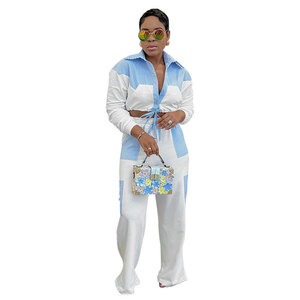 Conjunto de Pantalones Largos Casuales y Camisa de Manga Larga a Rayas con Bloques de Color, Estilo Nuevo para Mujer, JAC22 TZ7368 - Product Image 4