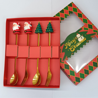 Set Peralatan Makan Natal Sekali Pakai dari Baja Tahan Karat, Sendok Pengaduk Kopi & Garpu Buah Motif Boneka Kreatif Warna Emas, Kotak Hadiah