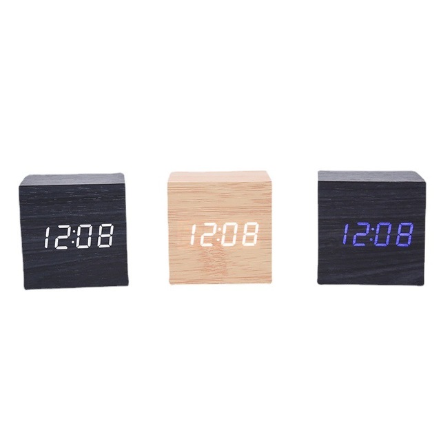 LED Intelligent Voice Control Modern Minimalism Wooden Square Compact Digital Temperature Humidity Electronic Clock Table Clock