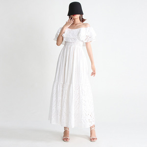 Vestido Midi Blanco Bordado con Volantes y Ojales, Elegante, Estilo Mexicano, Venta al por Mayor para Mujer - Product Image 3
