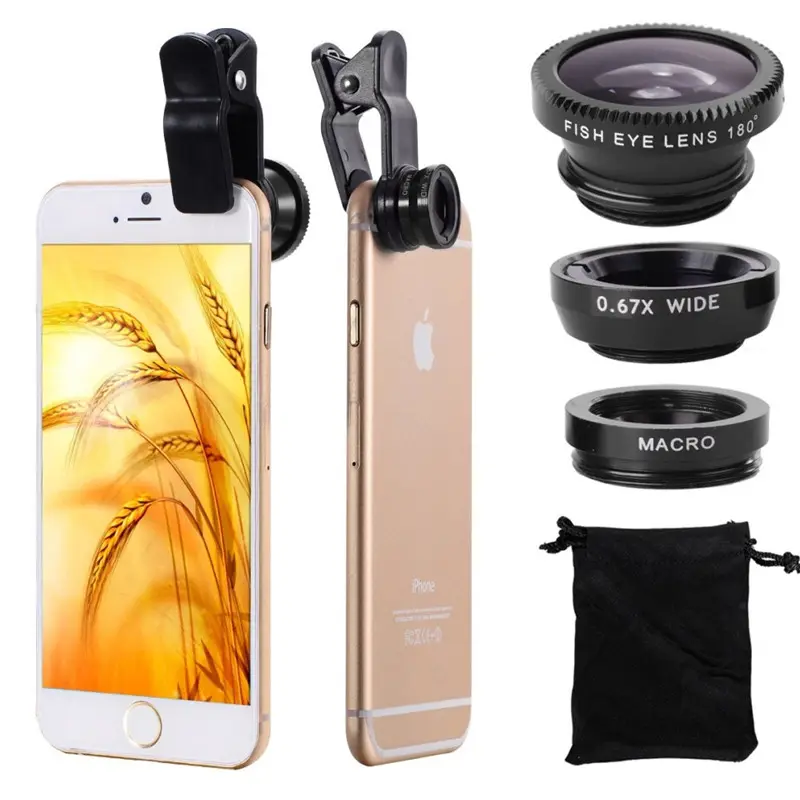 Universal Clip Fisheye Wide Angle Macro 3 in 1 Lens for Mobile Phone Camera with custom logo