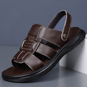 รองเท้าแตะสายไขว้ผู้ชายหนังวัวชั้นบนสุดรองเท้าชายหาดฤดูร้อนพื้นหนารองเท้าลำลองแบบสวมสีน้ำตาลสีดำ 9802 - Product Image 1