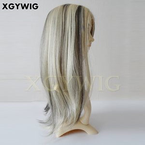 Wholesale 1B/60# Black <strong>with</strong> Platinum Highlights Virgin Brazilian Human Hair Glueless <strong>Cap</strong> 13x4 Lace Front Blonde <strong>Wig</strong> - Product Image 5